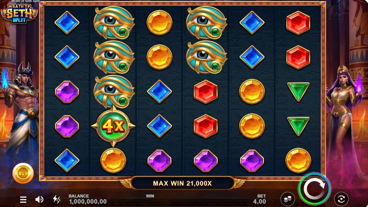Pemandangan visual slot Wrath of Seth – Split dengan latar belakang kuil Mesir kuno dan simbol-simbol mitologi.